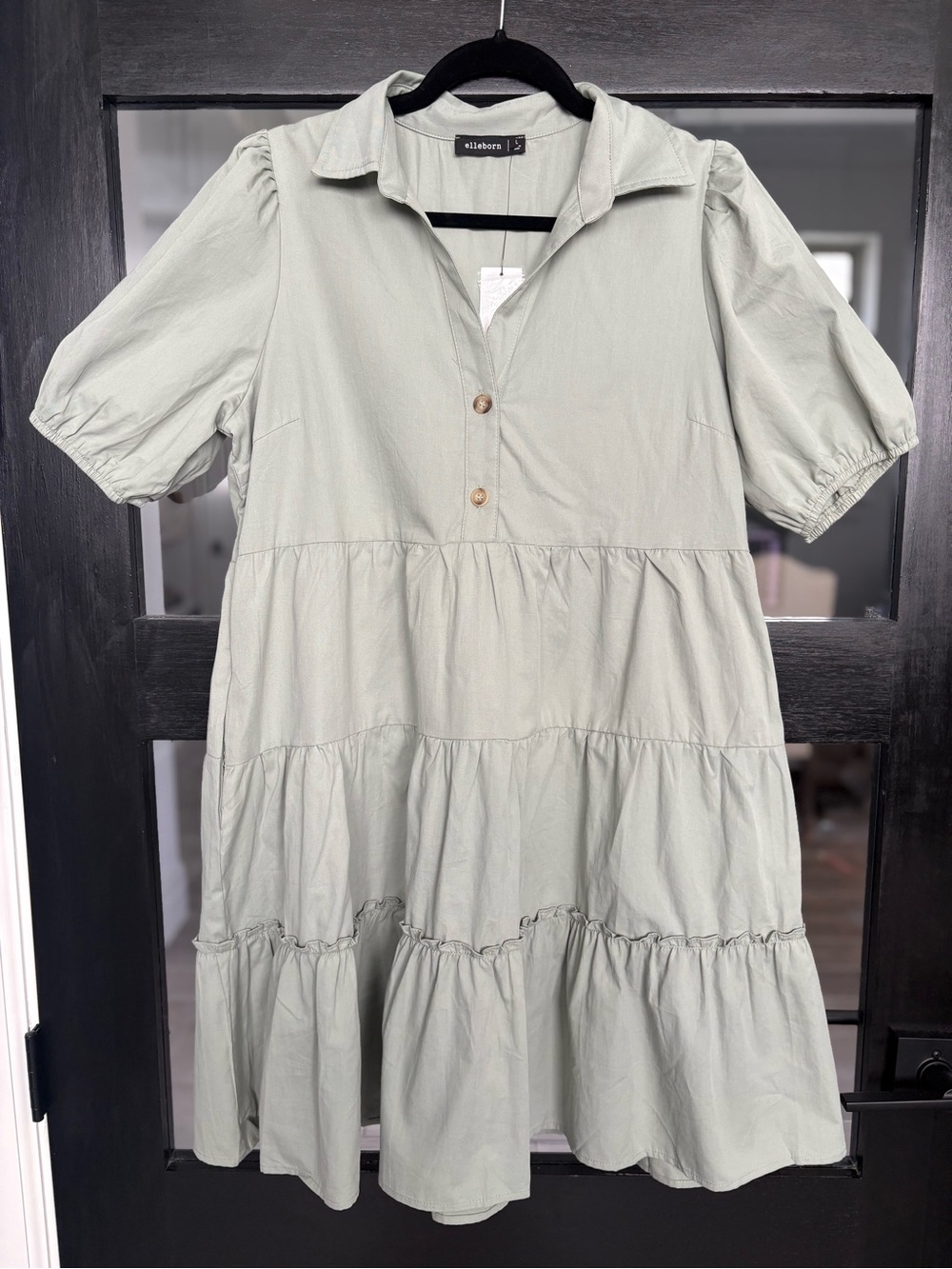 PinkBlush Elleborn Sage Green Tiered Dress Puff Sleeve Collared Button L NWT - Picture 4 of 12
